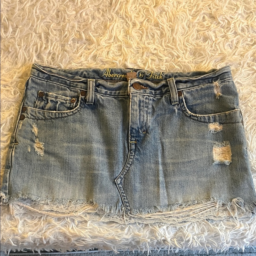Rare!!! Abercrombie & Fitch Distressed Light Blue Denim Mini Skirt with lace